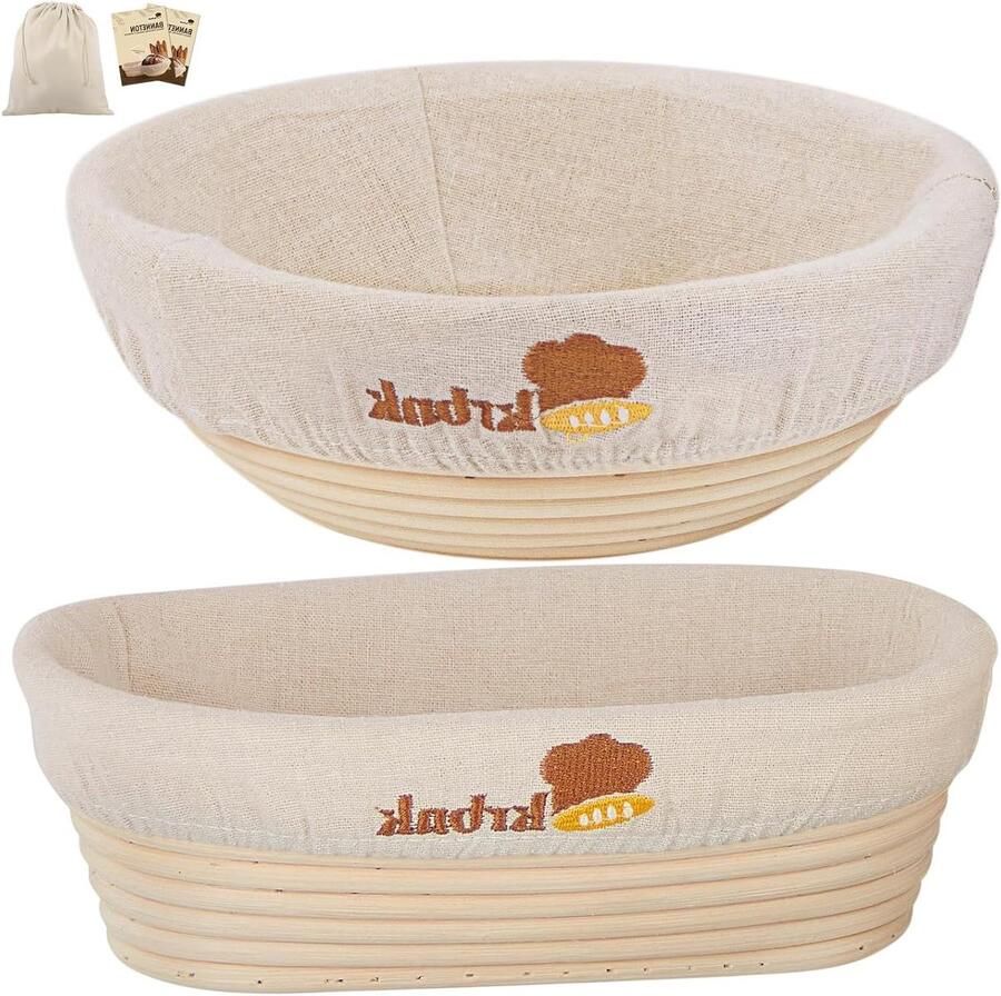 Banneton Broodmand Set Rijsmand Sourdough Brood Bakken Natuurlijk Rotan 9 Rond + 10 Ovaal Beige