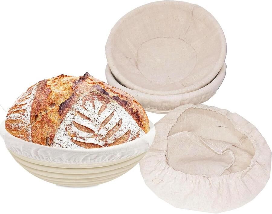 Banneton Proofing Basket 3 stuks 25.5 cm Ronde en ovale broodmand van natuurlijke rotan voor brood deeg pizza en patisserie Inclusief opbergmand