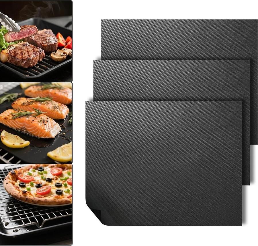 Barbecuematten Grillmatten Antiaanbak Gelijkmatig Grillen Voedselveilige Siliconen 50x40 cm Zwart