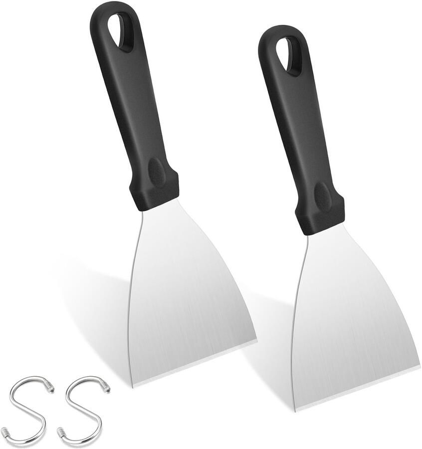 Barbecuespatel 2 stuks plancha spatel keukenspatel set grillspatel roestvrij staal met kunststof handvat pizzaspatel voor BBQ keuken koken schoonmaken schuine rand en vaatwasser