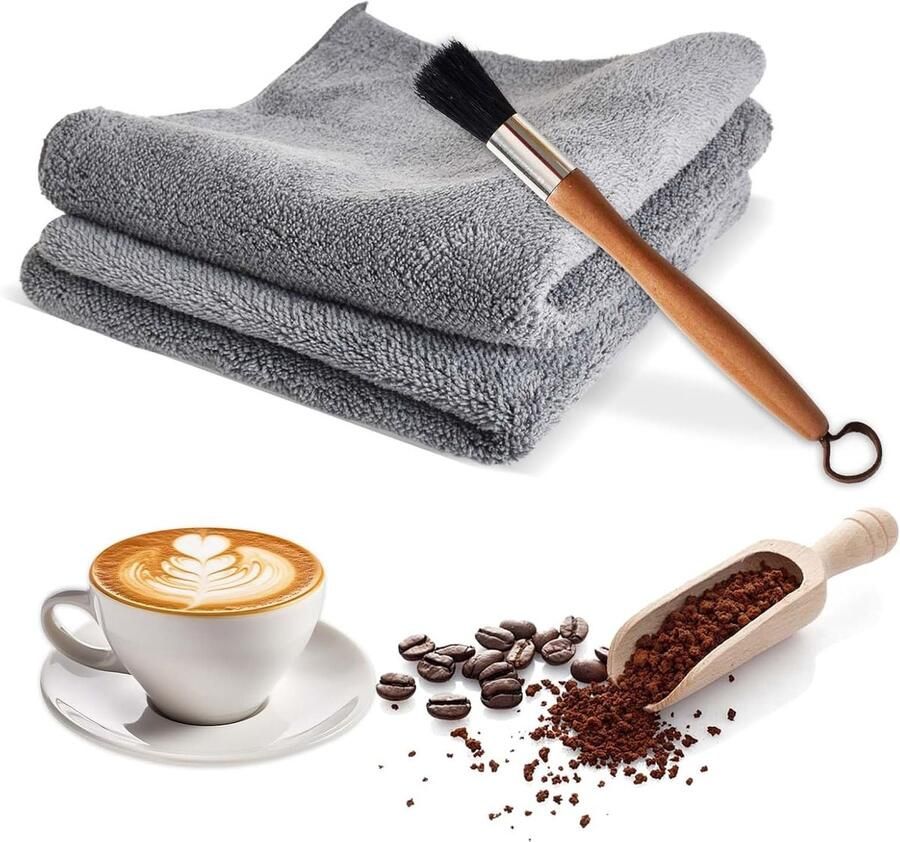 Barista borstel en 2 schoonmaakdoeken voor het reinigen van koffiemachines en koffiemolens met natuurlijke haren en houten handvat