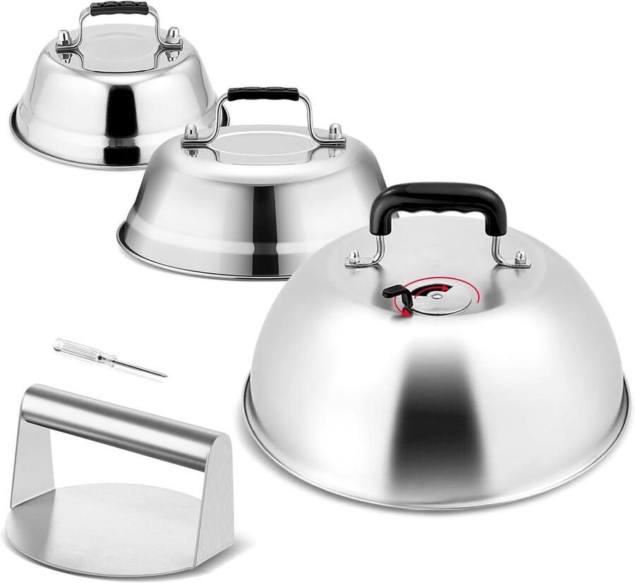 Basting Cover & Smash Burger Press Smeltkoepel Set Burgers Bereiden Roestvrij Staal 3 Stuks Zilver