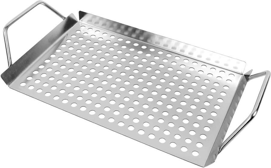 BBQ Grill Bakplaat Anti-aanbak Tray Vlees Groenten Koken Geperforeerd Rooster 28 x 18 cm Zilver