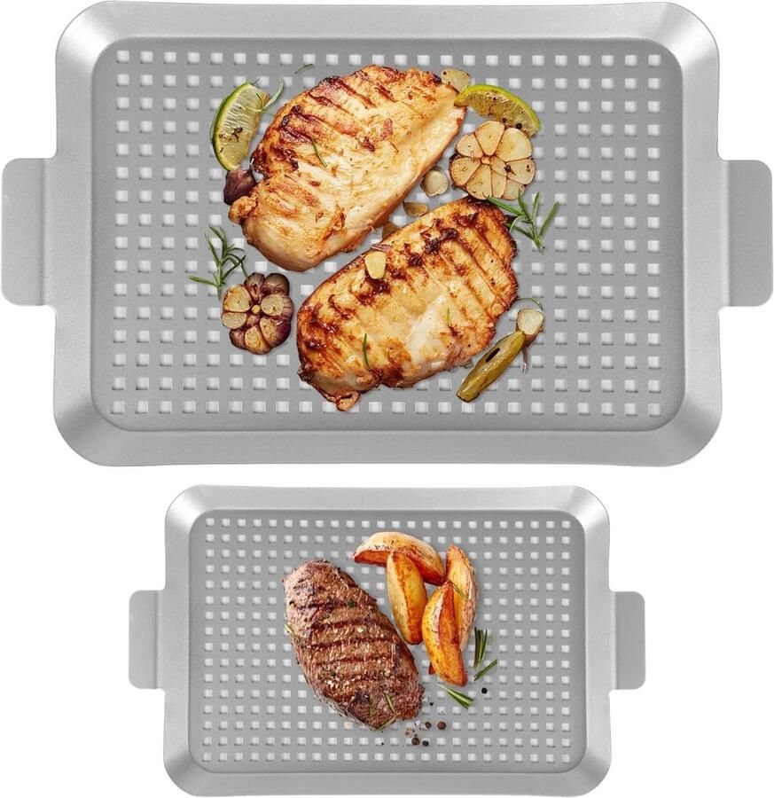 BBQ Grill Bakplaten Geperforeerde Pannen Buiten Koken Gelijkmatige Warmteverdeling 2 stuks Zilver