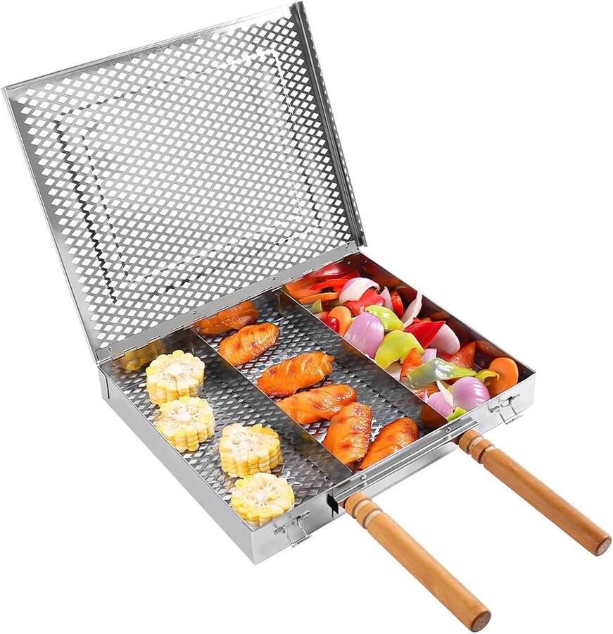 BBQ Grill Mandje Grillrek Vis Buiten Koken Verstelbare Ruimte 30.5x25.5cm Zilver