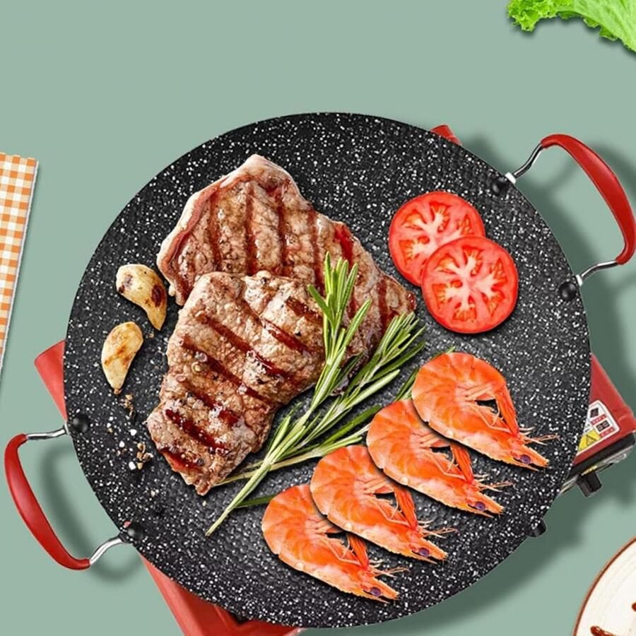 BBQ Grill Pan Gourmet Plaat Buiten Koken Non-stick Coating 34 cm Diameter Zwart