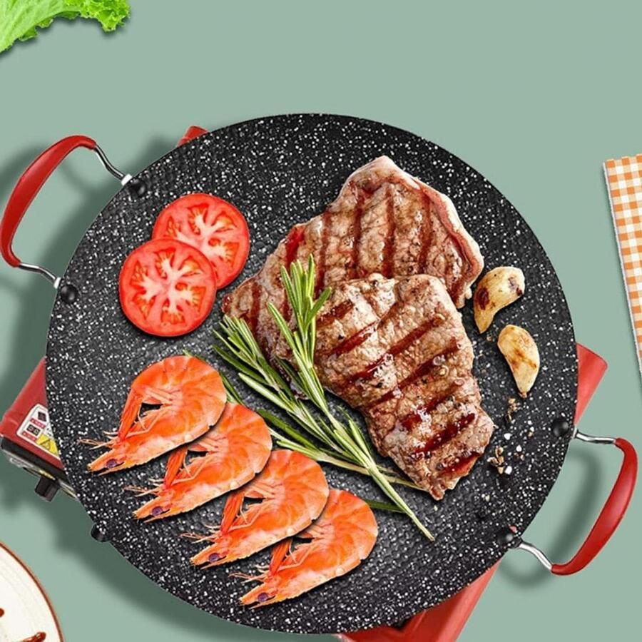 BBQ Grill Pan Grillplaat Ronde Pan Buiten Koken Medische Steen Coating 34 cm Zwart