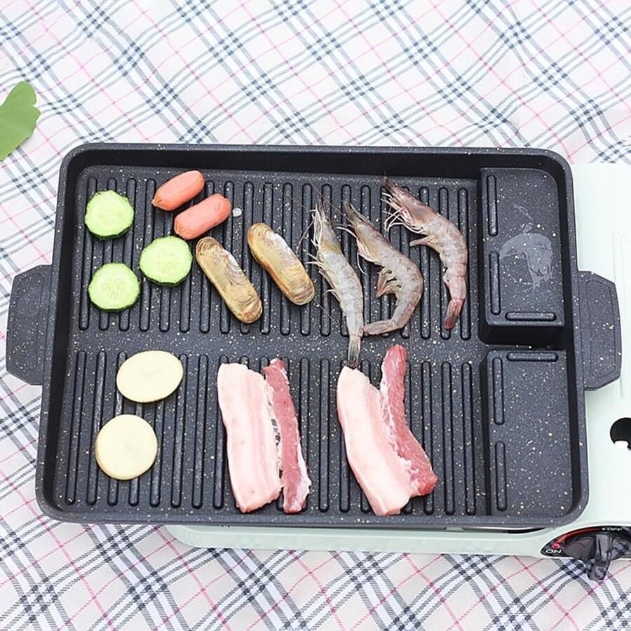 BBQ Grill Pan Omkeerbare Bakplaat Buiten Koken Geribbelde Kant 325x26x4 cm Zwart