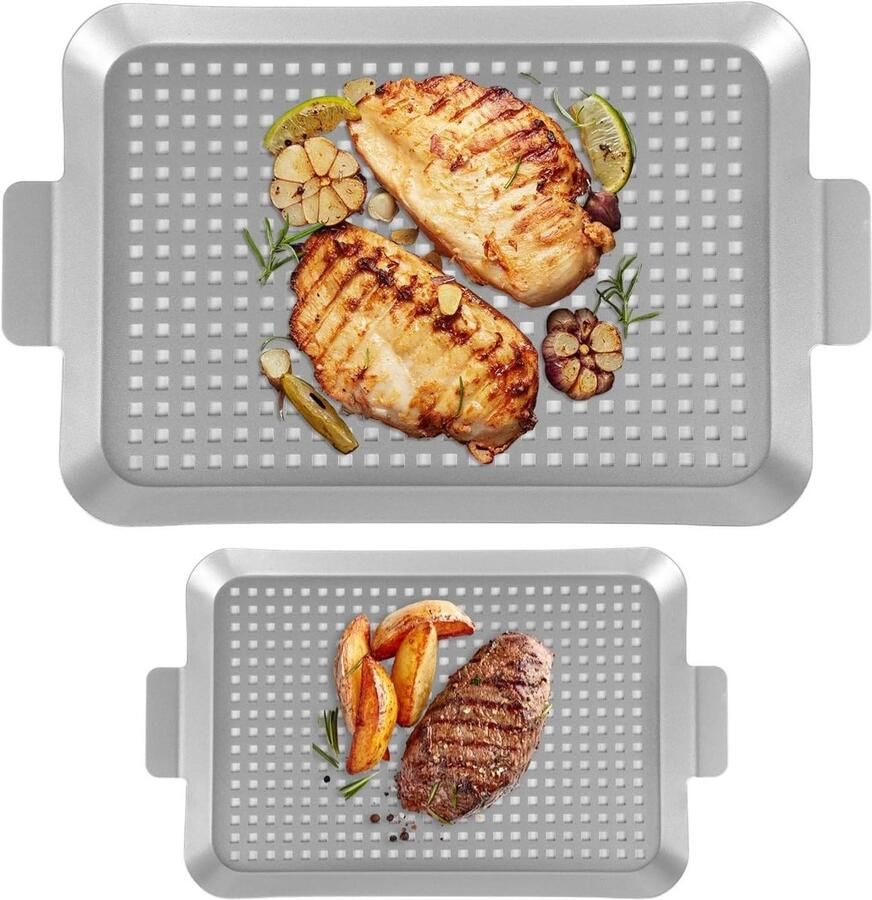 BBQ Grill Pannen Bakplaten Kookplaten Buiten Grillen Geperforeerd Ontwerp 2 Pack Medium Zilver