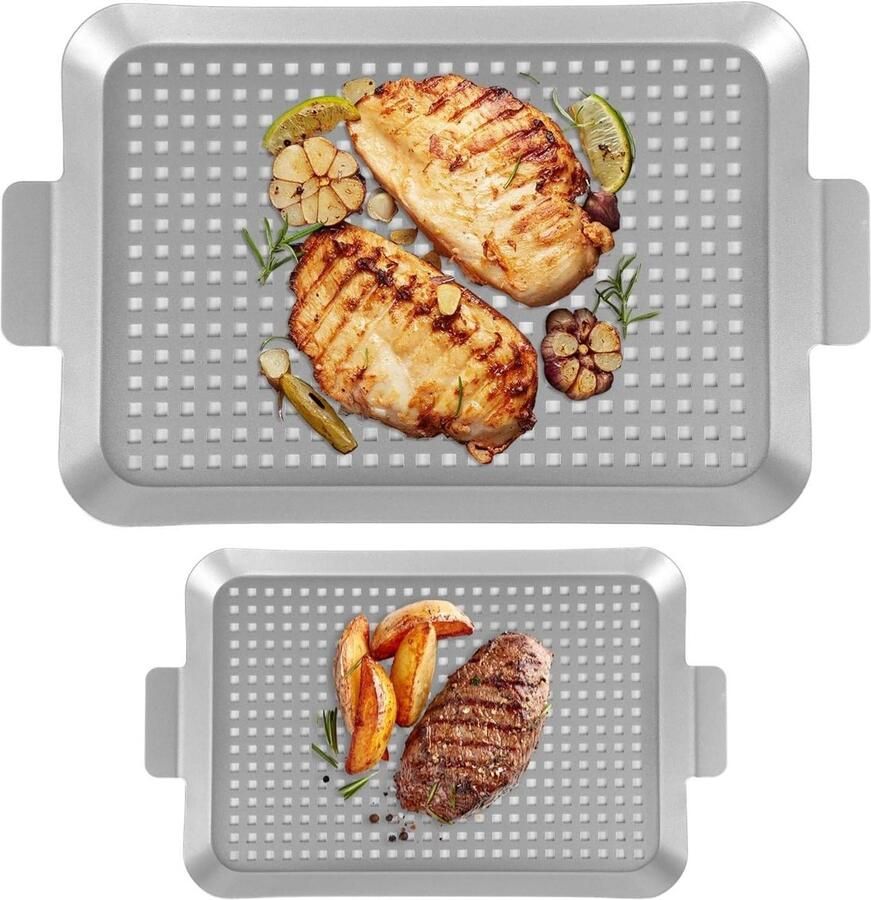 BBQ Grill Topper Bakplaten met gaten Buiten koken Veelzijdige anti-aanbakplaten 2 stuks Zilver