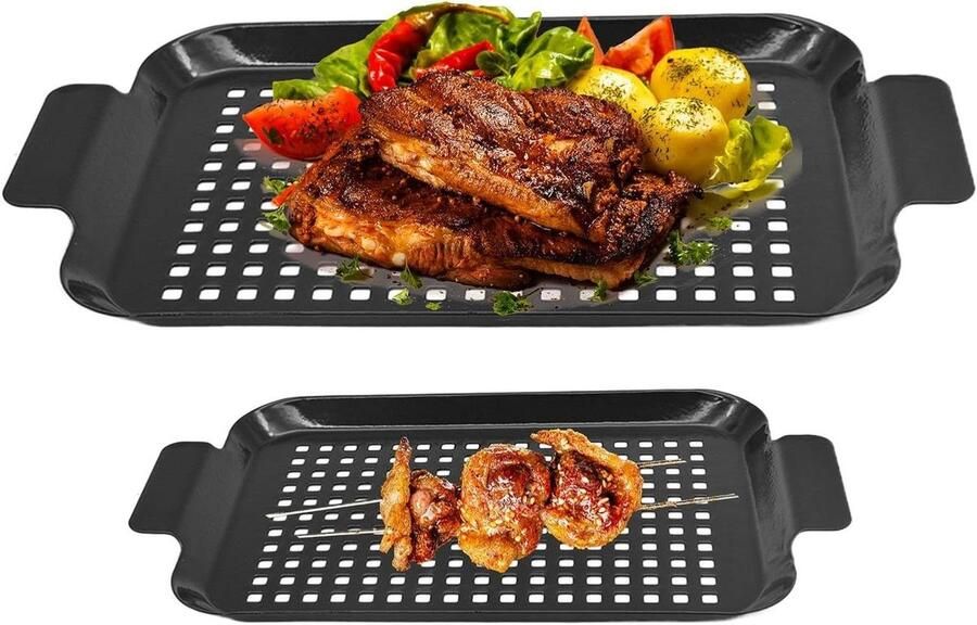 BBQ Grill Topper Pan Barbecue Tray Buiten Koken Dubbele Anti-aanbaklaag 41.8 x 25.3 cm Zwart