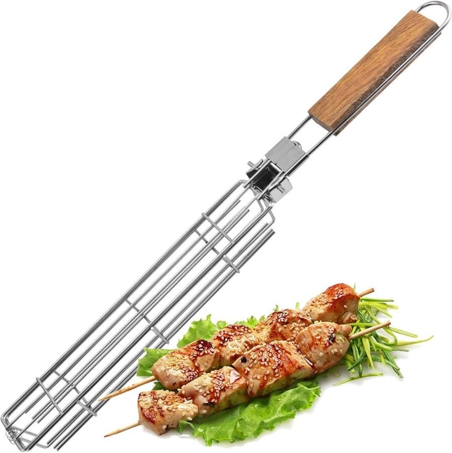 BBQ-grillmand opvouwbare roestvrijstalen barbecuemand met afneembaar houten handvat draagbaar campingkookrek voor buiten gebraden vis garnalen groente steak hotdog worst vlees