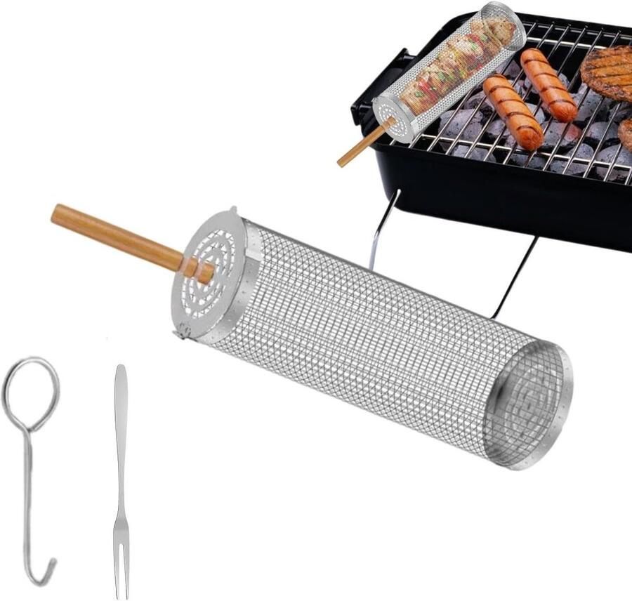 BBQ Grillmand Roestvrij Staal Mand Gezond Grillen Afneembare Houten Handgreep 215 x 95 x 95 cm