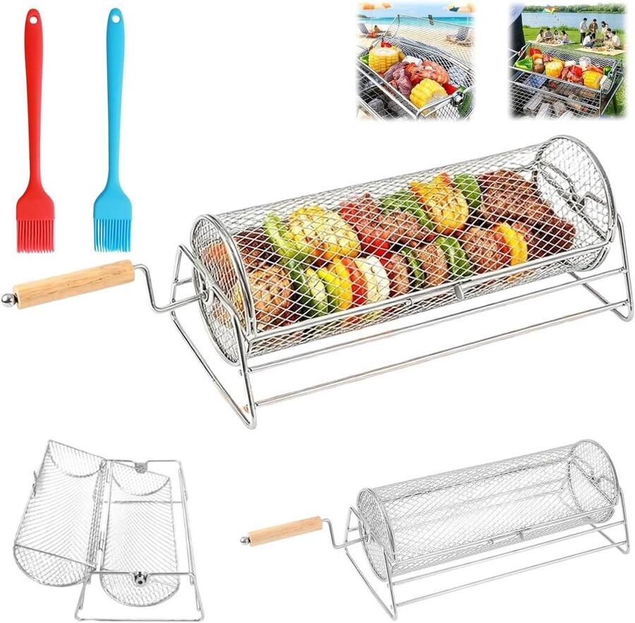 BBQ Grillmand Rolmand Grill Accessoire Gelijkmatig Grillen 360 Graden Rotatie 32x16x13 cm Zilver