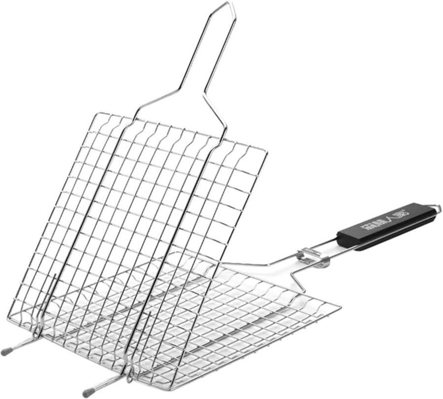 BBQ Grillmand Rooster Mand Vis Grillen Houten Handvat 55 x 30 cm Zilverkleurig