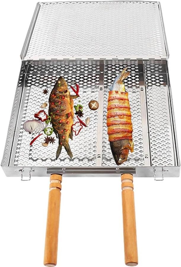 BBQ grillmand Vis grillmand Buiten koken Roestvrijstalen ontwerp 32 x 278 cm Meerkleurig