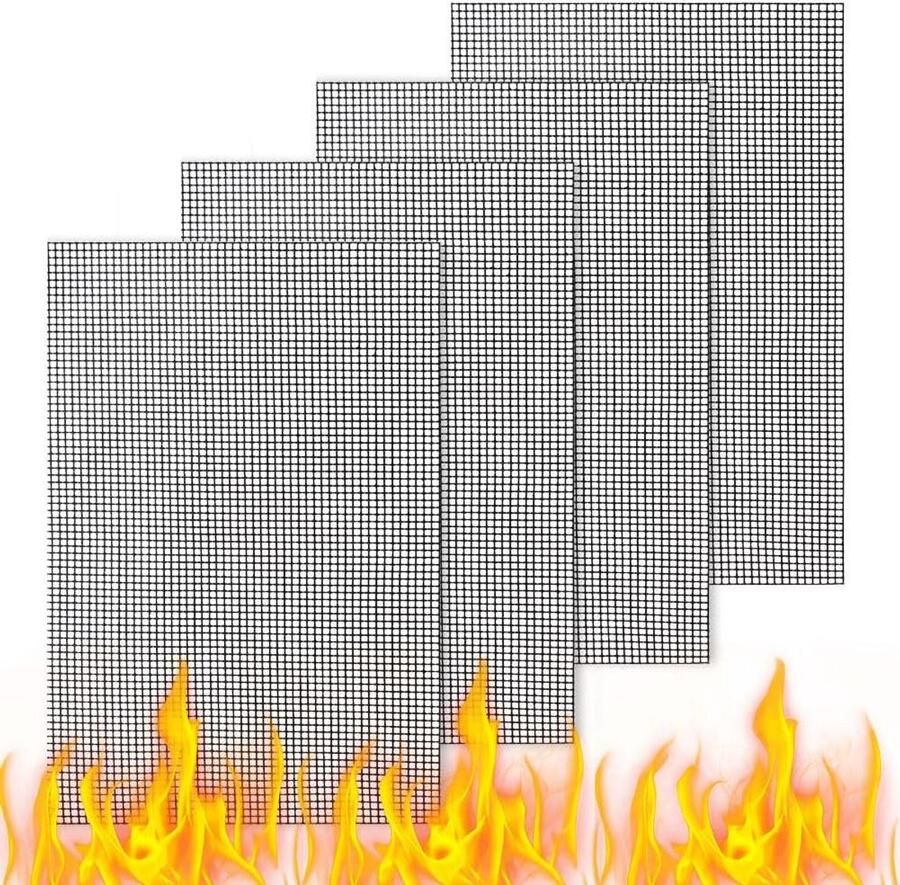 BBQ Grillmat Anti-aanbak mat Barbecue Koken Hittebestendig en Snijdbaar 4 stuks 30x40cm Zwart