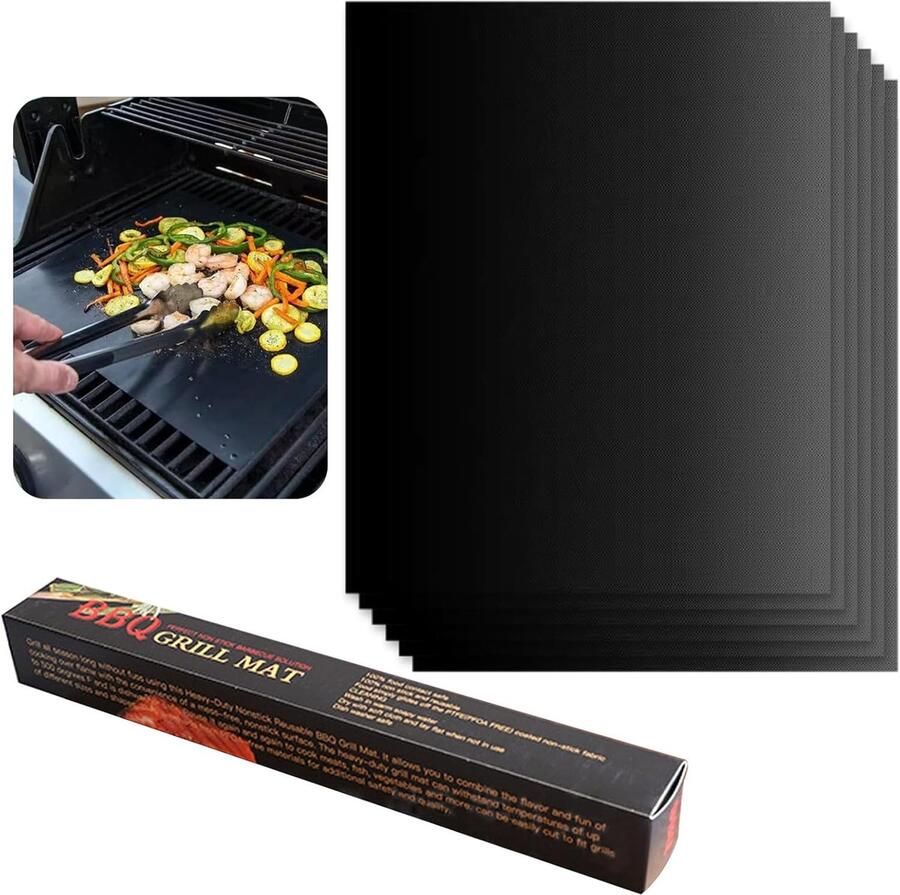 BBQ Grillmat Bakmat Grill Barbecueën Anti-aanbaklaag 6 Stuks Zwart