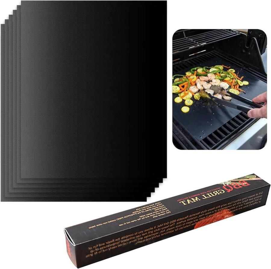 BBQ Grillmat Set Bakmatten Herbruikbaar Barbecue Accessoires Anti-aanbak Materiaal 6 Stuks Zwart