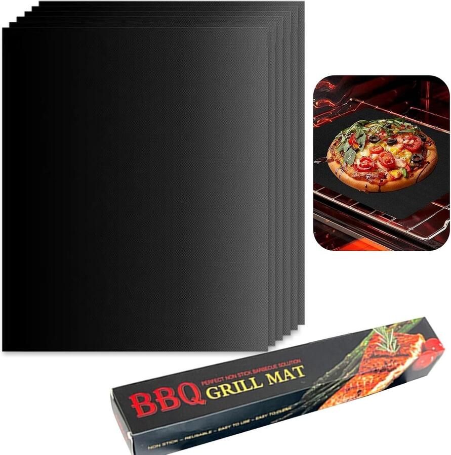 BBQ Grillmatten Zwart 40 x 30 cm Hittebestendig en Snijdbaar Voor Gasgrill Houtskool Oven en Elektrische Grills
