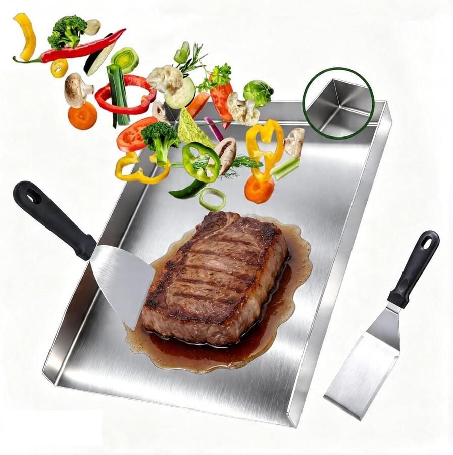 BBQ Grillpan Grillplaat Roestvrij Staal Buiten Koken Lekvrije Hoeken 40.5 x 30.5 x 4.5 cm Zilver