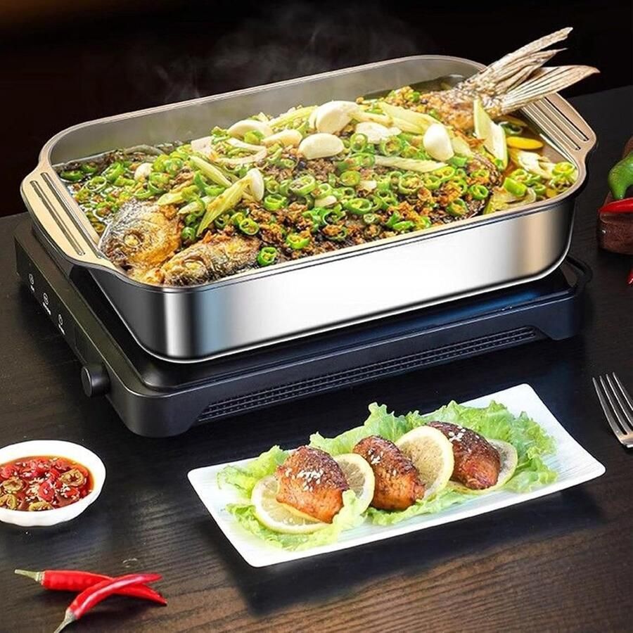 BBQ grillpan Roestvrijstaal bakplaat Buiten koken Antiaanbaklaag deksel 41x24.5x7.5cm Zilverkleurig