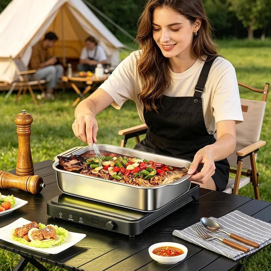BBQ grillpan Roestvrijstaal bakplaat Buiten koken Antiaanbaklaag deksel 41x24.5x7.5cm Zilverkleurig