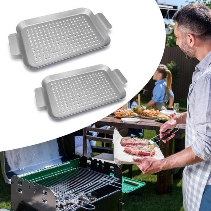 BBQ Grillpan Set Metalen Bakplaat Buiten Koken Met Handvat Gaten 2 Stuks Zwart