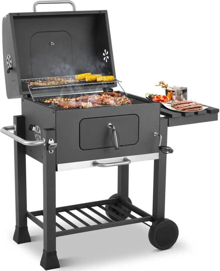BBQ Houtskool Grill Trolley Barbecue Grote BBQ Grill op Wielen 116x55 7x100 cm XXL Houtskoolwagen Zware Uitvoering – Met Opener Uittrekbare Aslade Planken en Haken – Grijs
