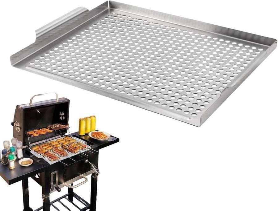 BBQ Pan Grill Topper Buiten Koken Met Drainage Systeem 36.8 x 29.4 cm Zilverkleurig