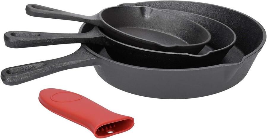 BBQ-pannenset van gietijzer 4-delig ronde serveer- en braadpannen in 3 maten met gietuitsparing en siliconen handvat voor oven grill alle warmtebronnen inclusief inductie geschikt