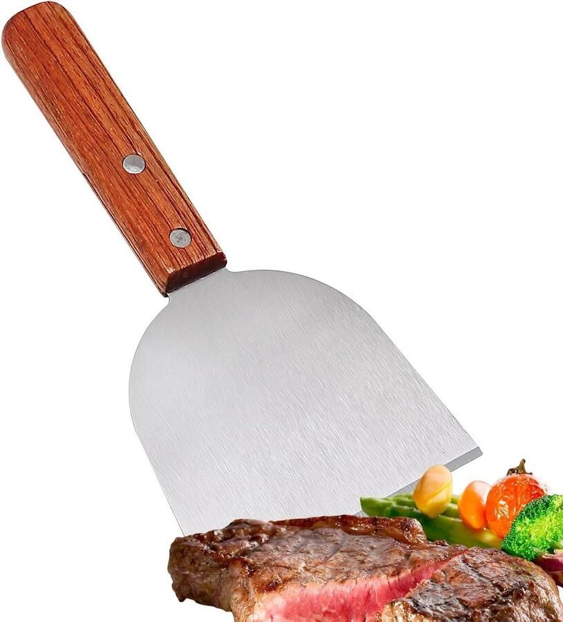 BBQ Schraper Grill Spatel Bakplaat Reinigen Ergonomisch Houten Handvat 22x13 cm Zilver