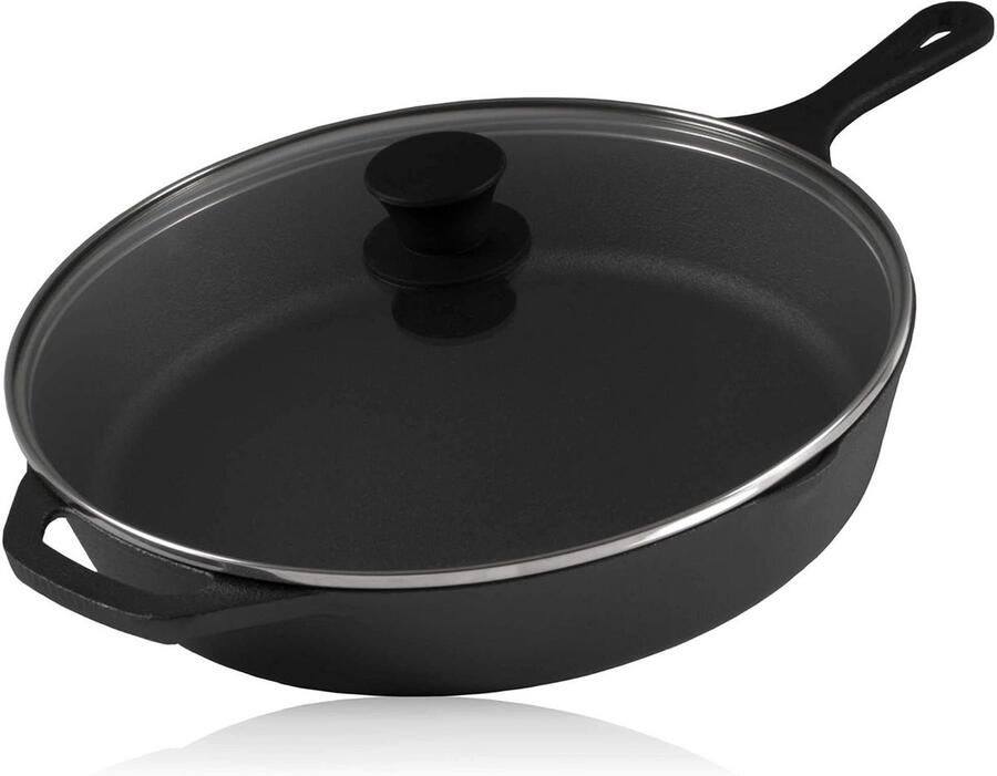 BBQ-Toro Gietijzeren grillpan met glazen deksel (Ø 30 cm) gietijzeren pan grillbraadpan braadpan met deksel steakpan