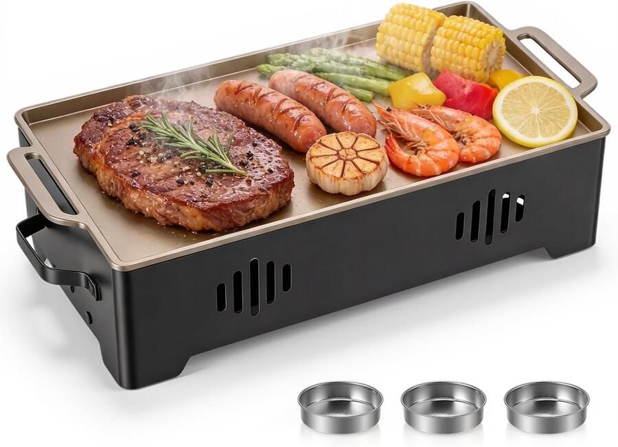 BBQ Warmhoudplaat Vleeswarmer Voedsel Warm Houden Drie Theelichthouders Zwart