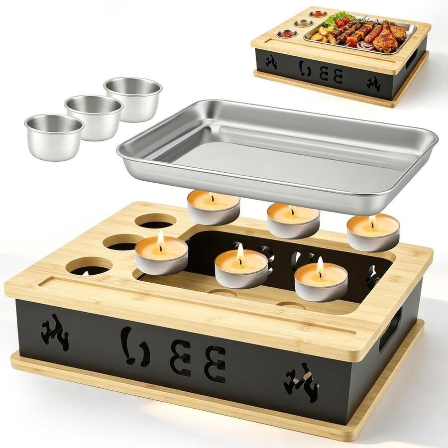 BBQ warmhoudplaat Voedselverwarmer Gerechten warm houden Met kruidenschaal 39x31x11 cm Houtkleur