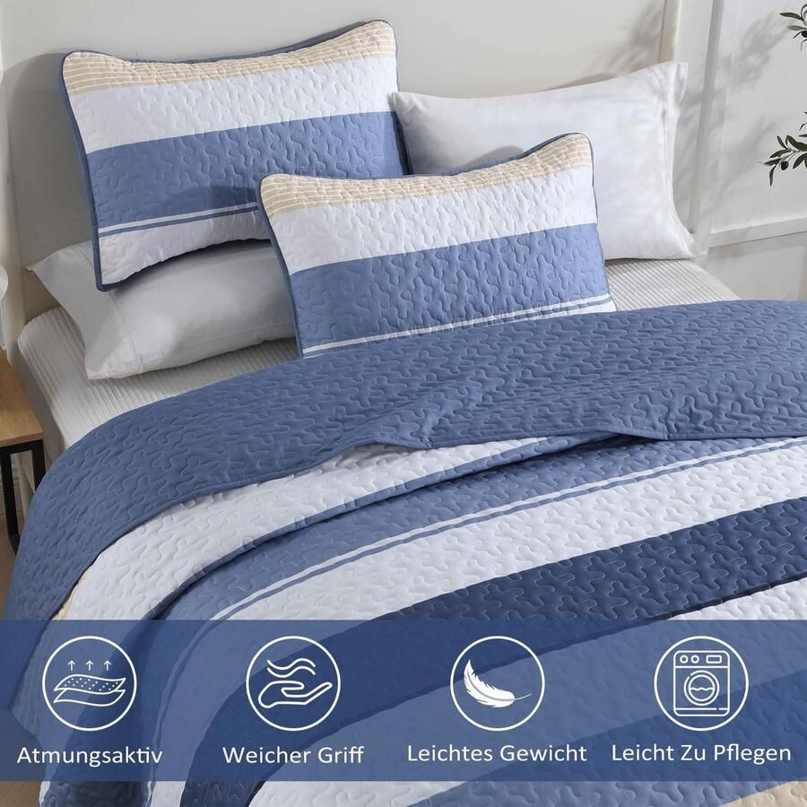 BEDDING Sprei van 240 x 260 cm blauw bedsprei gestreept deken dekbed 3-delig tweepersoonsbed doorgestikt microvezel woondeken met 2 kussenslopen van 50 x 75 cm voor slaapkamer bank