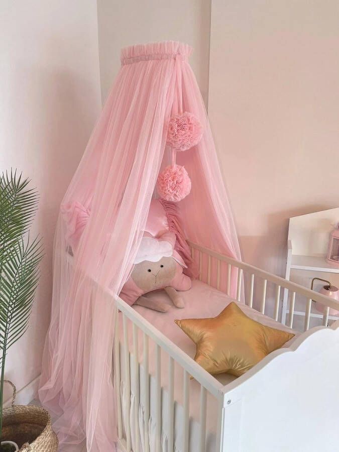 Bedhemel voor babybed Roze Tulle Baldakijn met Muggennet en Decoratieve Pompons