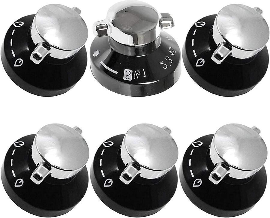 Bedieningsknoppen Gasfornuis Knoppen Set Keuken Reparatie Set van 6 Standaard Maat Zwart Zilver