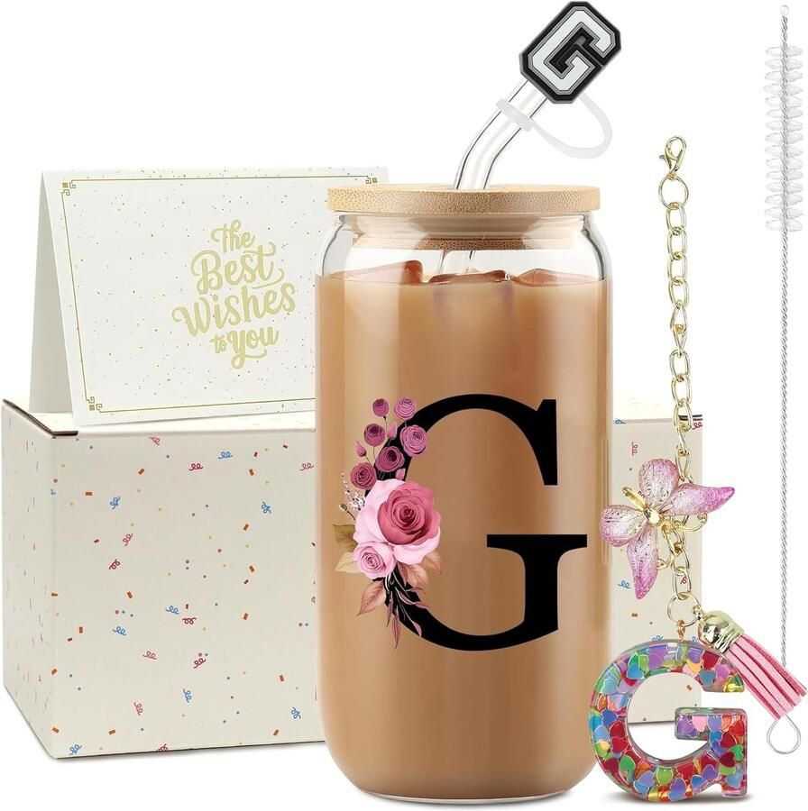 Beker met rietje letters A-Z 500 ml glazen beker met deksel en rietje originele cadeaus voor vrouwen ideaal verjaardagscadeau voor mama lerares beste vriendin vrouw (G)