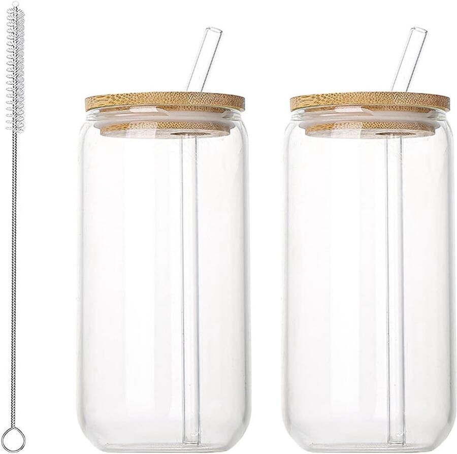 Bekers 2 stuks 500 ml glazen met deksel en rietje transparante glazen beker veelzijdig drinkglas met reinigingsborstel voor koffie smoothie matcha cocktail dranken (transparant