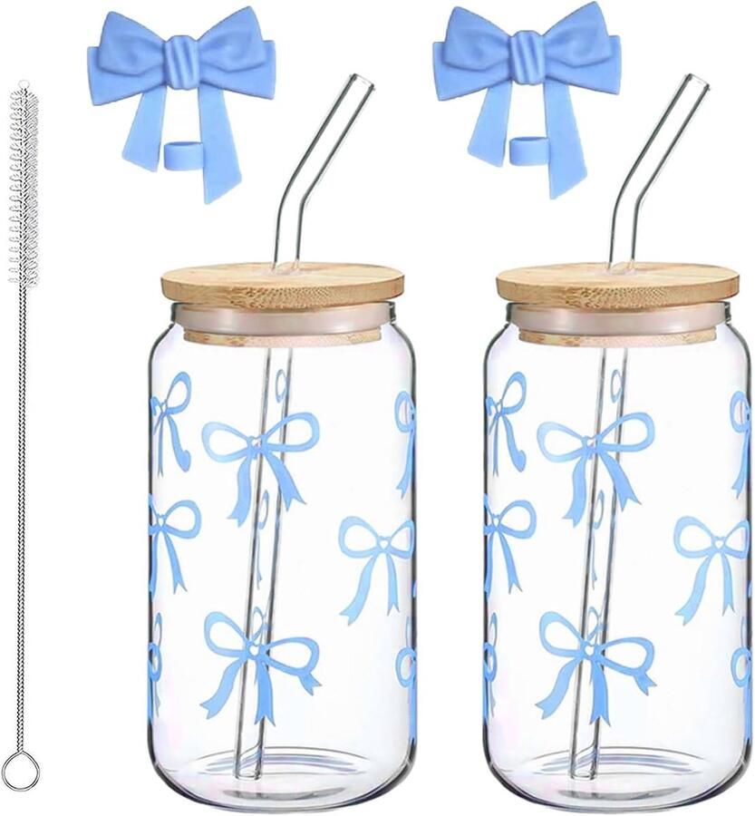 Bekers van 500 ml met deksel en rietje boogglazen longdrinkglazen met reinigingsborstel herbruikbaar voor koffie smoothie matcha dranken (blauwe strik)