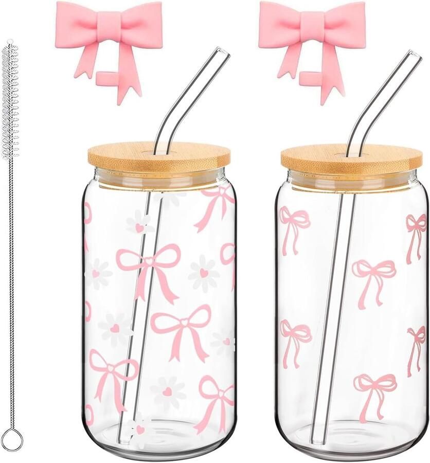 Bekers van 500 ml met deksel en rietje strikglazen longdrinkglazen boogglazen met reinigingsborstel voor koffie smoothie cocktails dranken (roze strik)