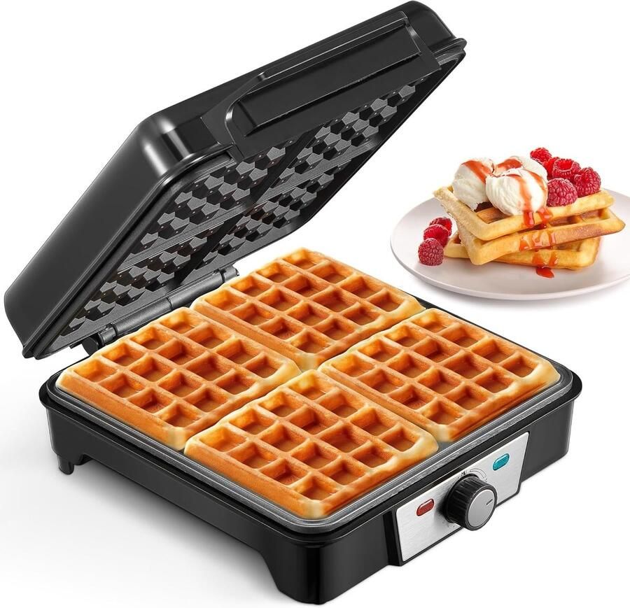 Belgisch Wafelijzer Roestvrijstaal 4 Wafels Tegelijk Instelbare Bruiningsniveaus Voor Gezinnen