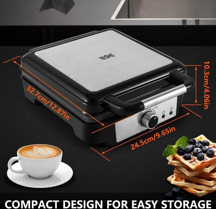 Belgische Wafelmaker 4-Slice Vierkante Wafelmaker 1200W Wafelijzer met 5 Bruneerknop Indicatorlampjes Anti-overflow Antiaanbaklaag 1200W Zilver Zwart