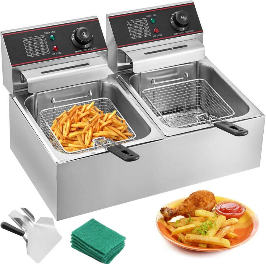 BellissiBo Friteuse Dubbel Frituurpan 12L Elektrisch 5000W RVS 50-200°C Horeca & Fastfood Inclusief Mandjes