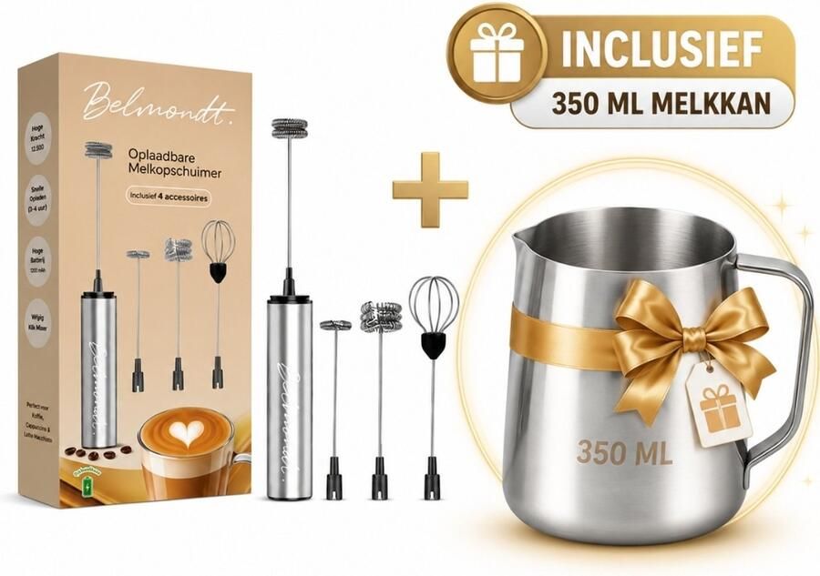 BELMONDT RVS Melkopschuimer 4 opzetstukken USB oplaadbaar Inclusief Barista Melkkan 350 ml Barista set