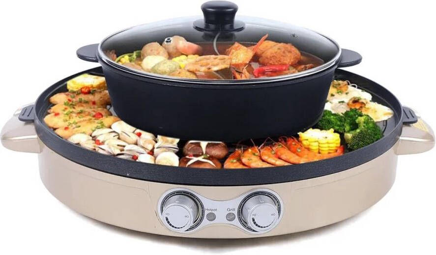 Benelux Select Hotpot – Hotpot electrisch – Chinese fondue – Met anti-aanbak grill – goudkleurig – multi-inzetbaar 4 liter
