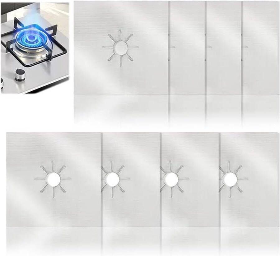 Beschermmatten 8 stuks anti-aanbaklaag gasfornuis kookplaatbescherming zilverkleurig 27 x 27 cm afdekplaat voor gasfornuis