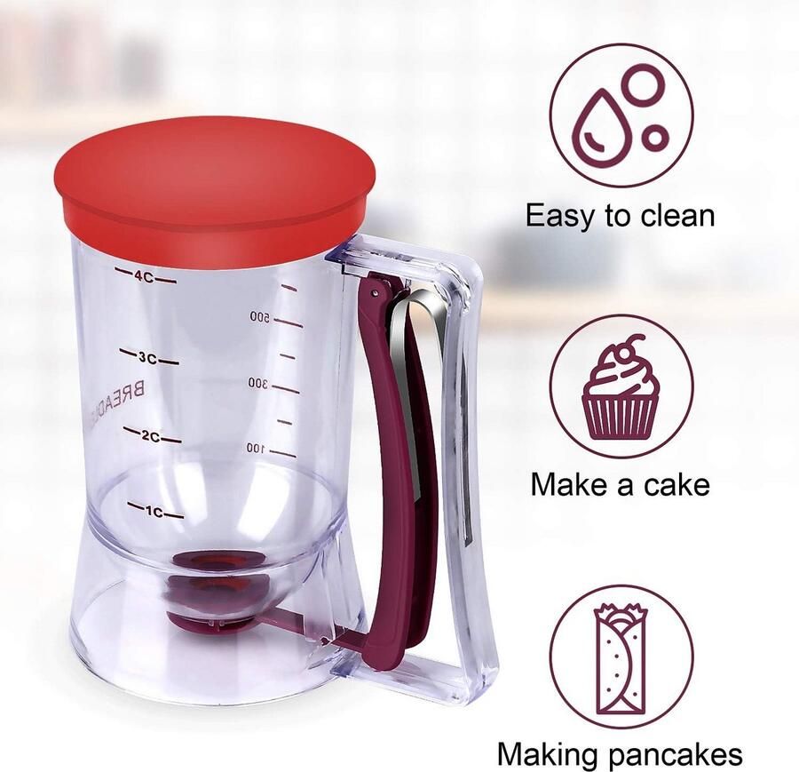 Beslag Dispenser Rood Paars 900ml Beslagspuit voor Pannenkoeken Cupcakes en Wafels