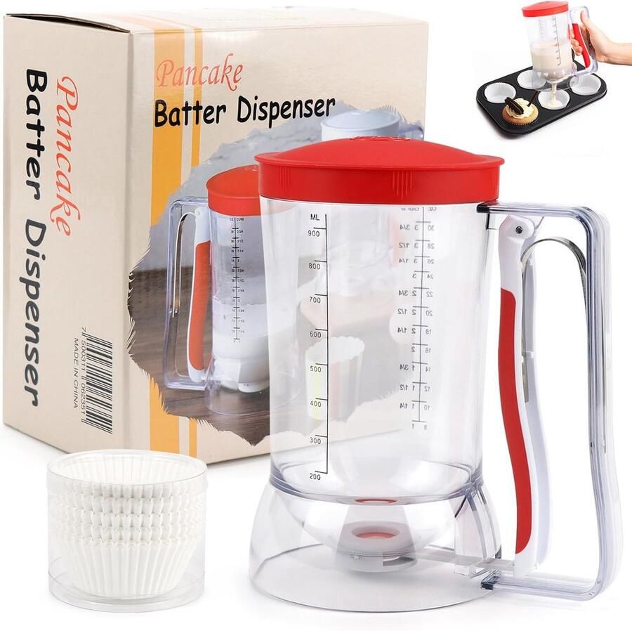 Beslagdispenser 900 ml met Deksel en Garde voor Pannenkoeken Muffins en Wafels – Inclusief Papieren Bakvormpjes